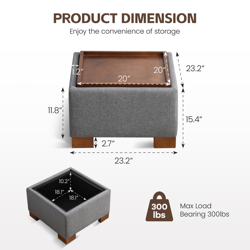 24" Square Storage Ottoman，Gray