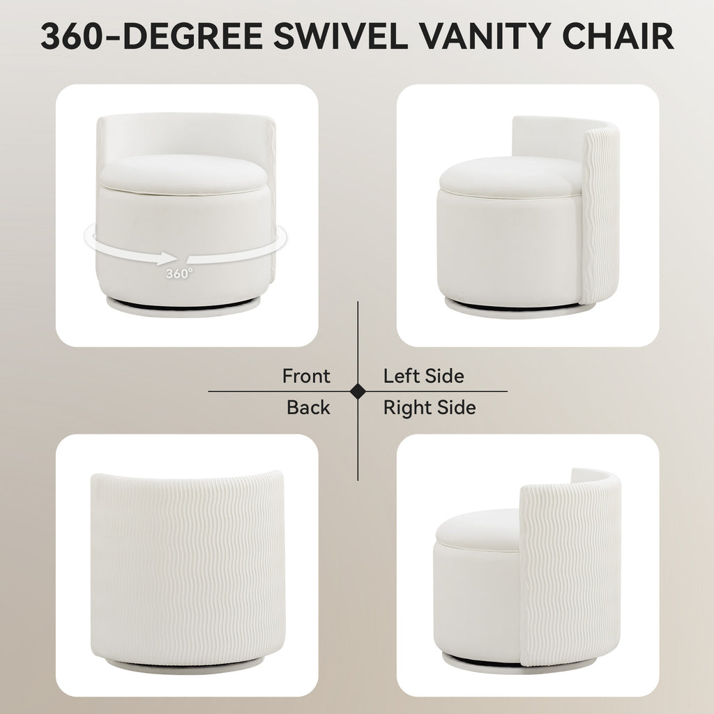 Velvet Swivel Accent Chair with Storage, 360° Vanity Makeup Chair with Wave Back, No Assembly Comfy Single Sofa Chair, Small Accent Stool for Bedroom, Dressing, Living Room