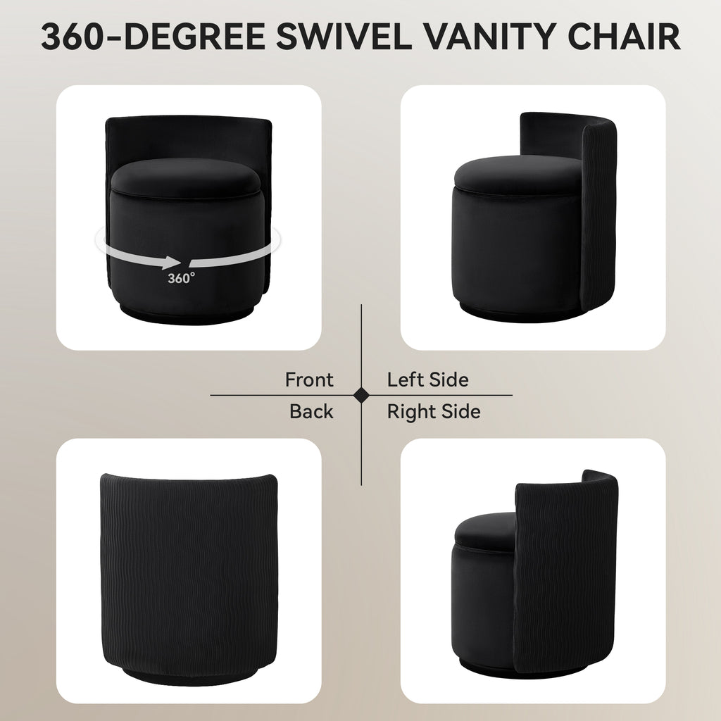 Vanity Chair with Storage，Velvet, Black
