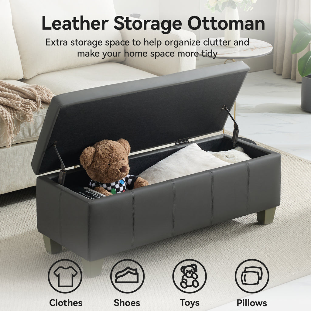 Faux Leather Storage Ottoman Bench, Rectangle Upholstered Storage Bench with Wooden Legs, Stitch Tufted Bench with Storage for Bedroom, Living Room, Entryway