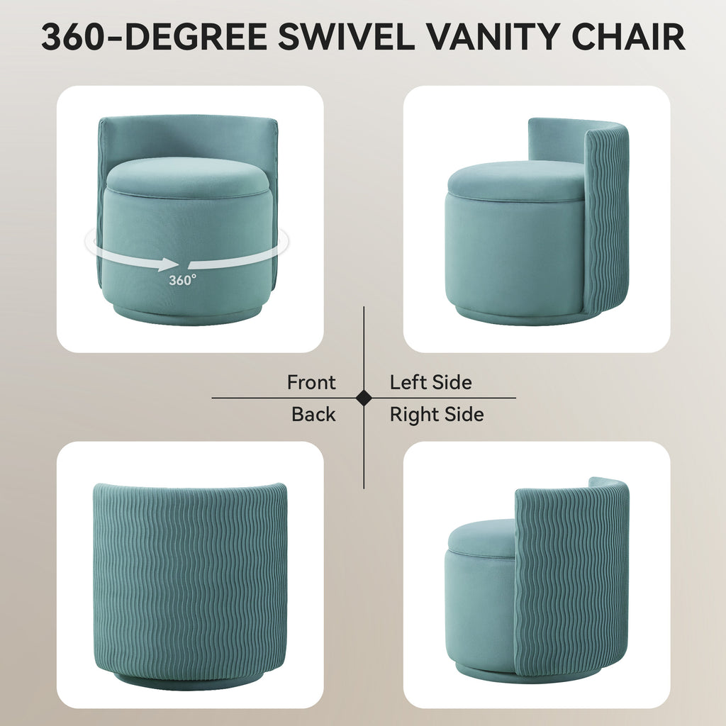 Velvet Swivel Accent Chair with Storage, 360° Vanity Makeup Chair with Wave Back, No Assembly Comfy Single Sofa Chair, Small Accent Stool for Bedroom, Dressing, Living Room