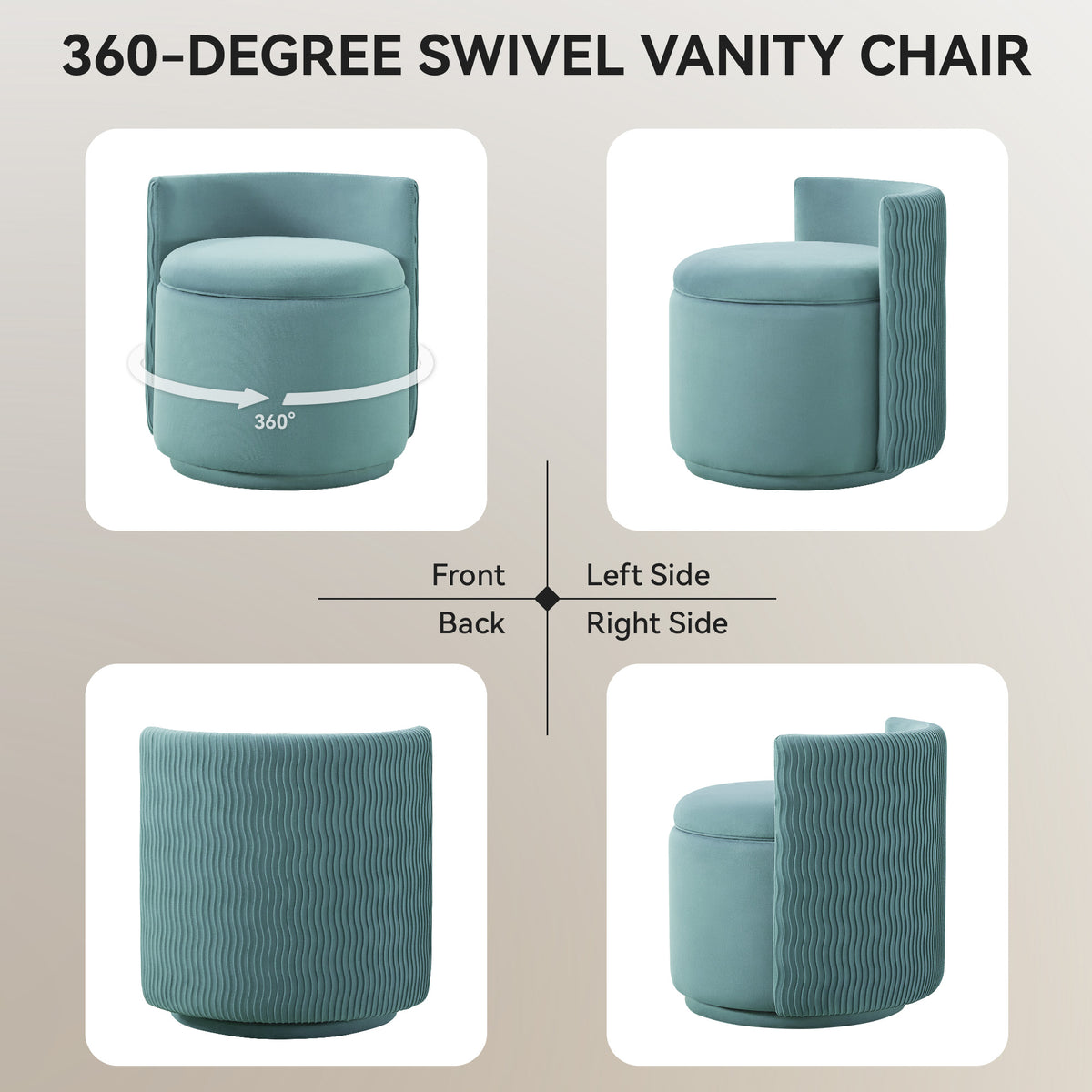 Velvet Swivel Accent Chair with Storage, 360° Vanity Makeup Chair with Wave Back, No Assembly Comfy Single Sofa Chair, Small Accent Stool for Bedroom, Dressing, Living Room