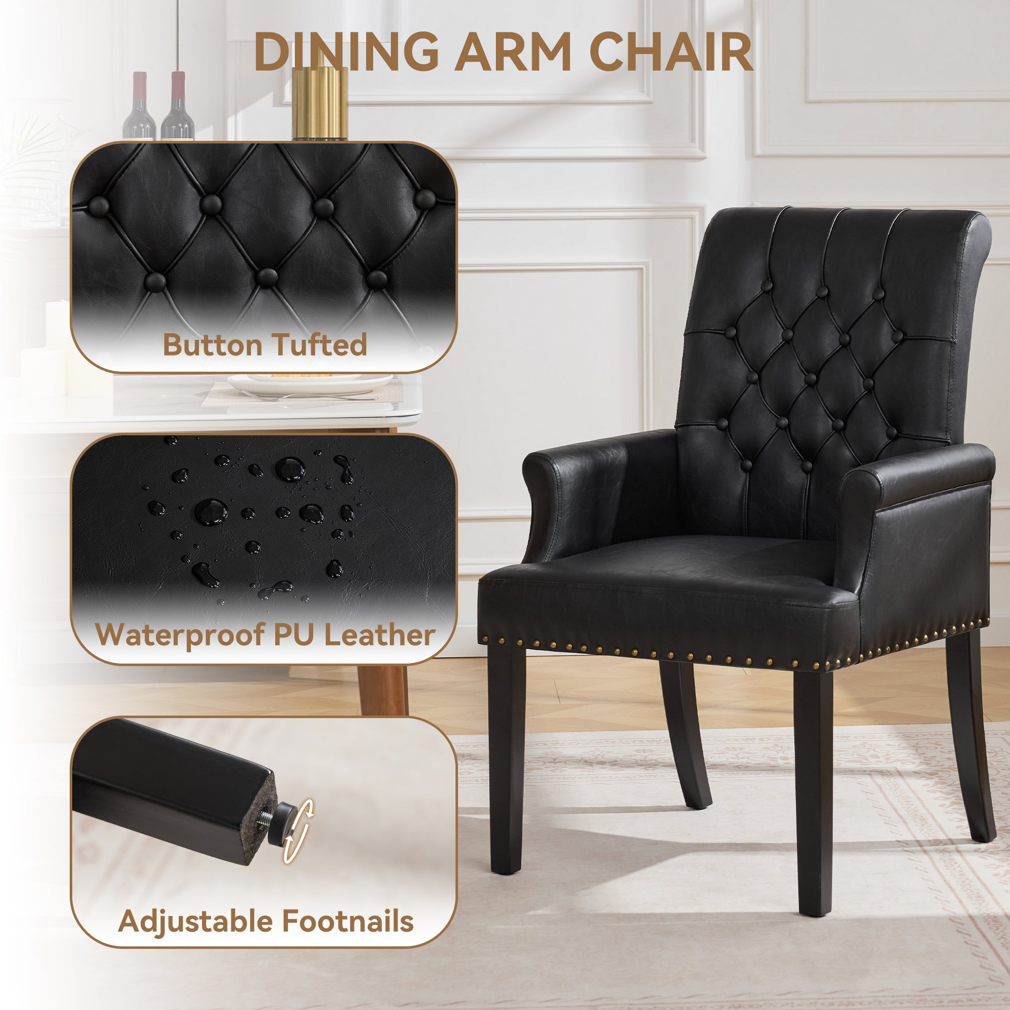 PU Leather Dining Chair with Arms, Black