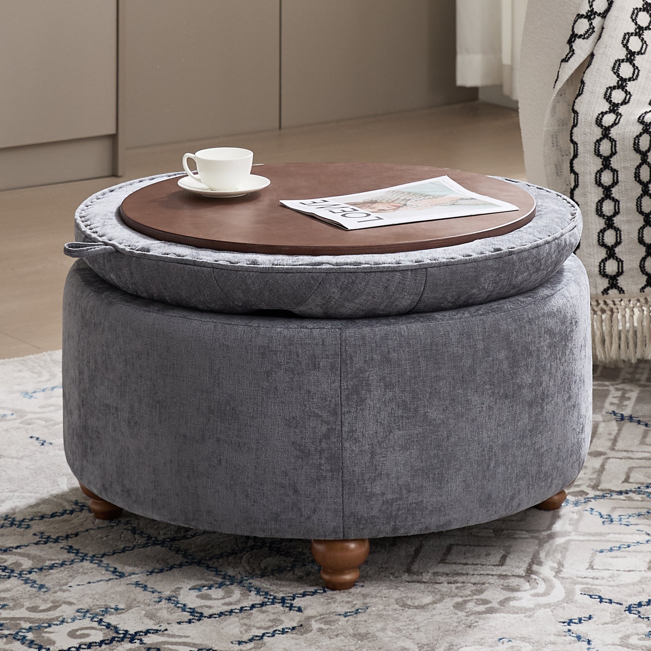 Round Storage Ottoman，Blue
