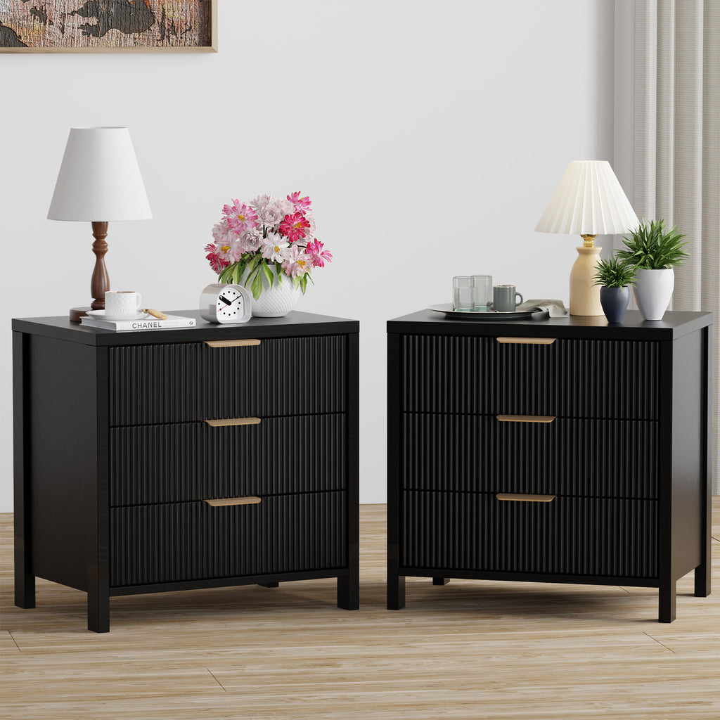 HASLE Fluted Nightstand with 3 Drawers, Mid-Century Modern Bedside Table, 23.7'' Wide Wood End Table for Bedroom, Black Finish