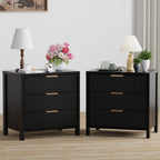 HASLE Fluted Nightstand with 3 Drawers, Mid-Century Modern Bedside Table, 23.7'' Wide Wood End Table for Bedroom, Black Finish