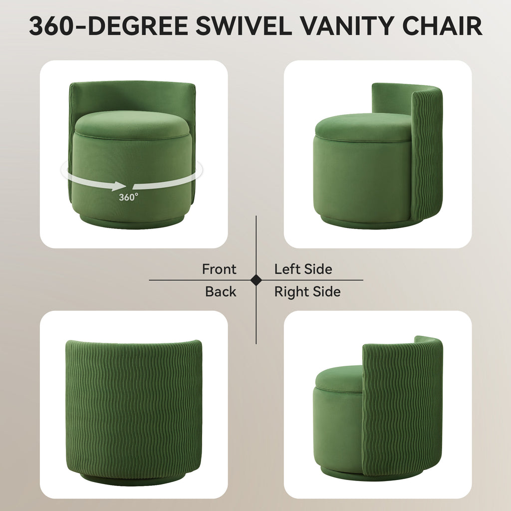 Velvet Swivel Accent Chair with Storage, 360° Vanity Makeup Chair with Wave Back, No Assembly Comfy Single Sofa Chair, Small Accent Stool for Bedroom, Dressing, Living Room