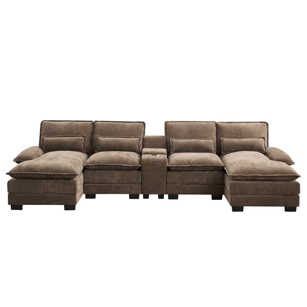 U Shaped Cloud Modular Sofa with Chaise Lounges，Brown