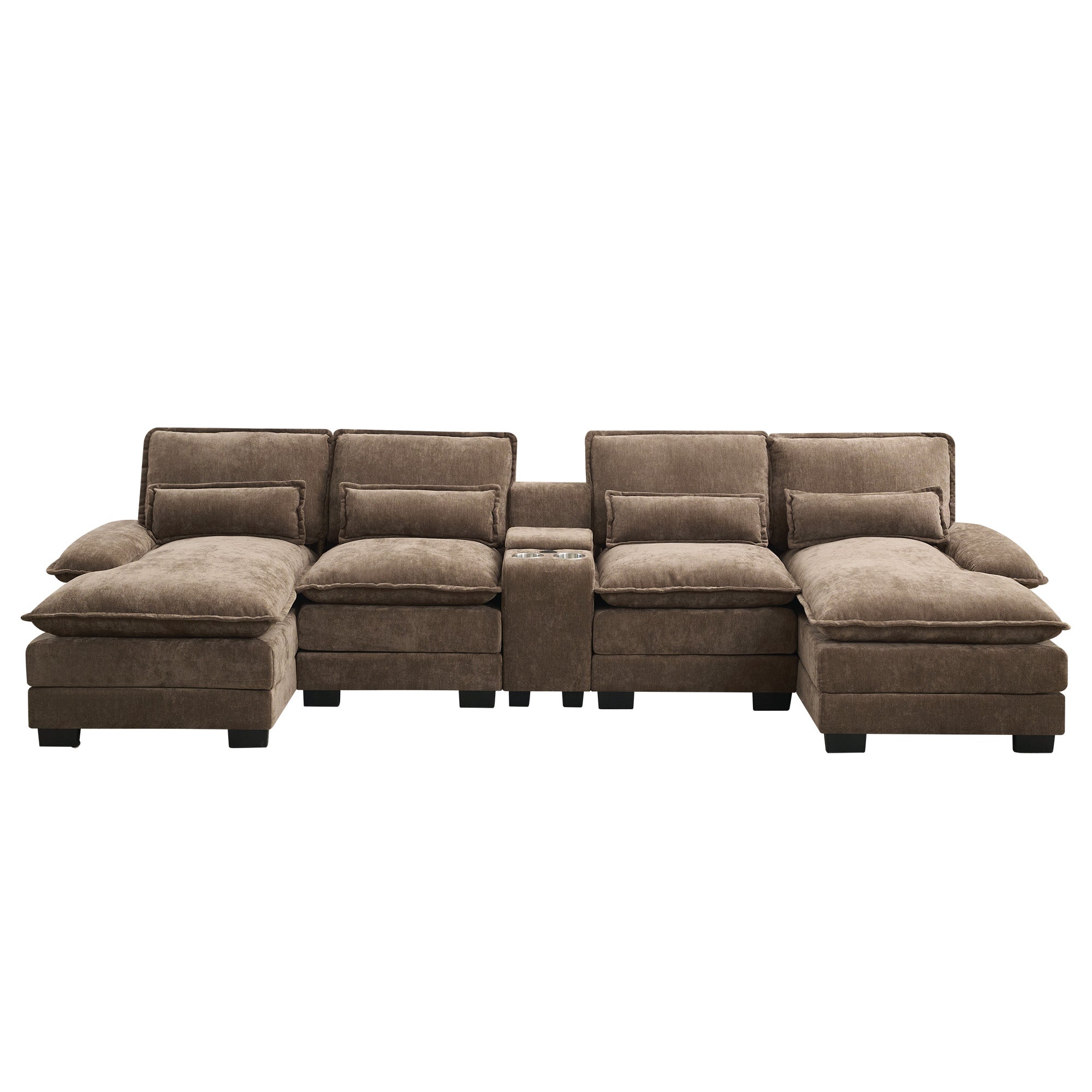 U Shaped Cloud Modular Sofa with Chaise Lounges，Brown