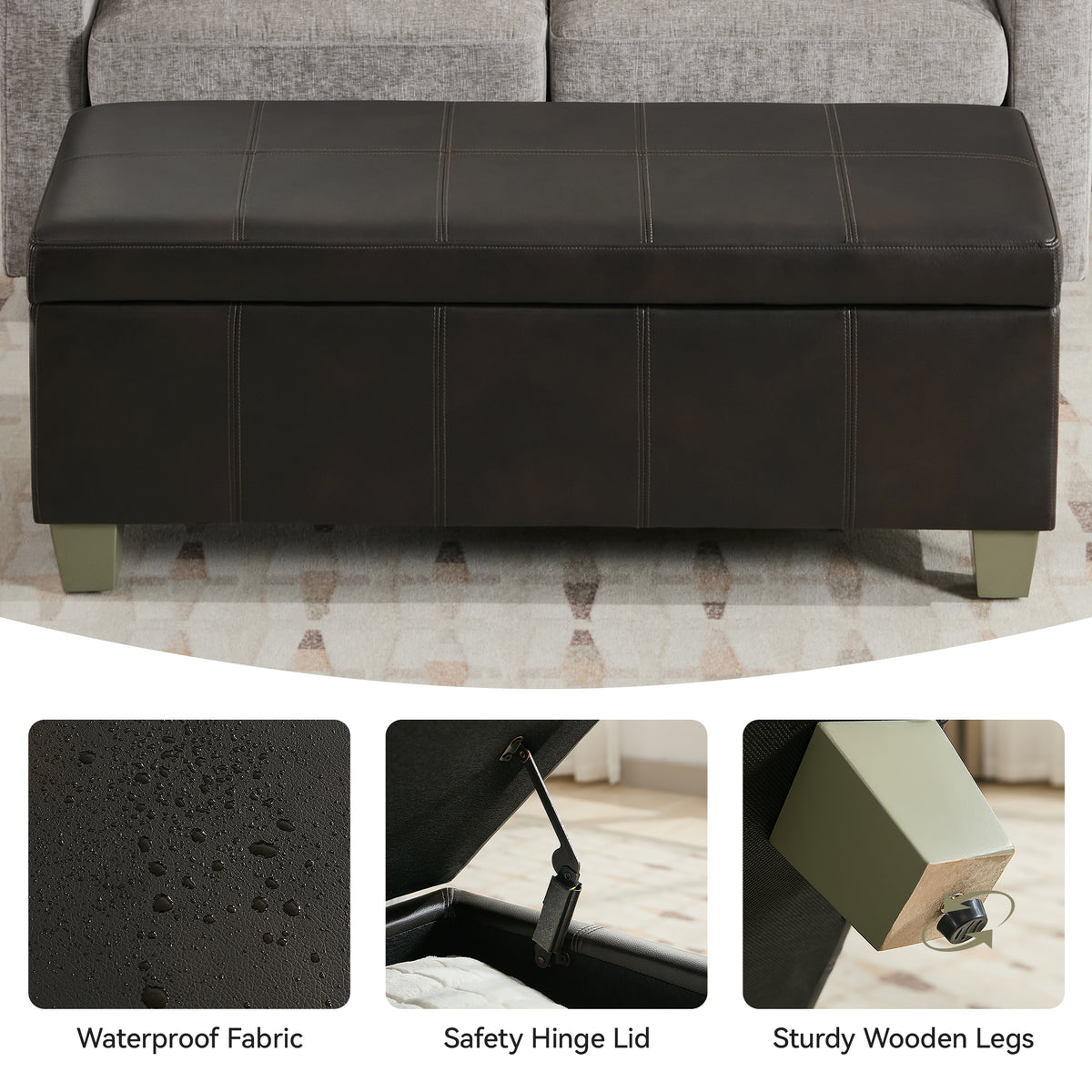 Faux Leather Storage Ottoman Bench, Rectangle Upholstered Storage Bench with Wooden Legs, Stitch Tufted Bench with Storage for Bedroom, Living Room, Entryway