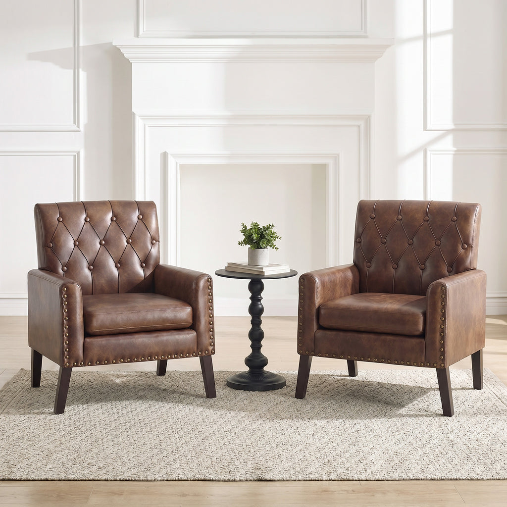 Mid Century Modern Accent Chair, Dark Brown Faux Leather Club Chair for Living Room, Bedroom, Office, or Reception Room