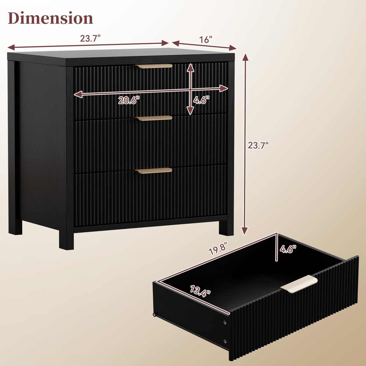 HASLE Fluted Nightstand with 3 Drawers, Mid-Century Modern Bedside Table, 23.7'' Wide Wood End Table for Bedroom, Black Finish
