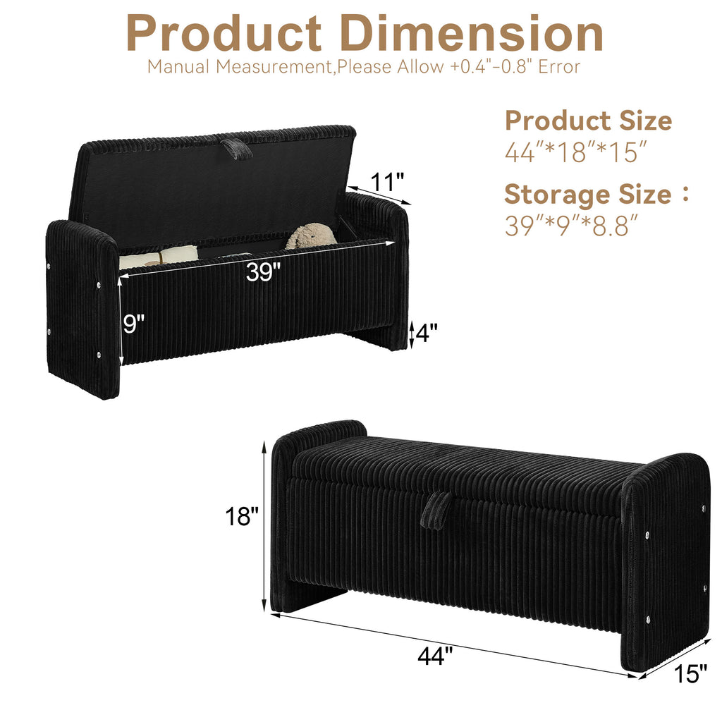 44'' Corduroy Storage Ottoman Bench, Black