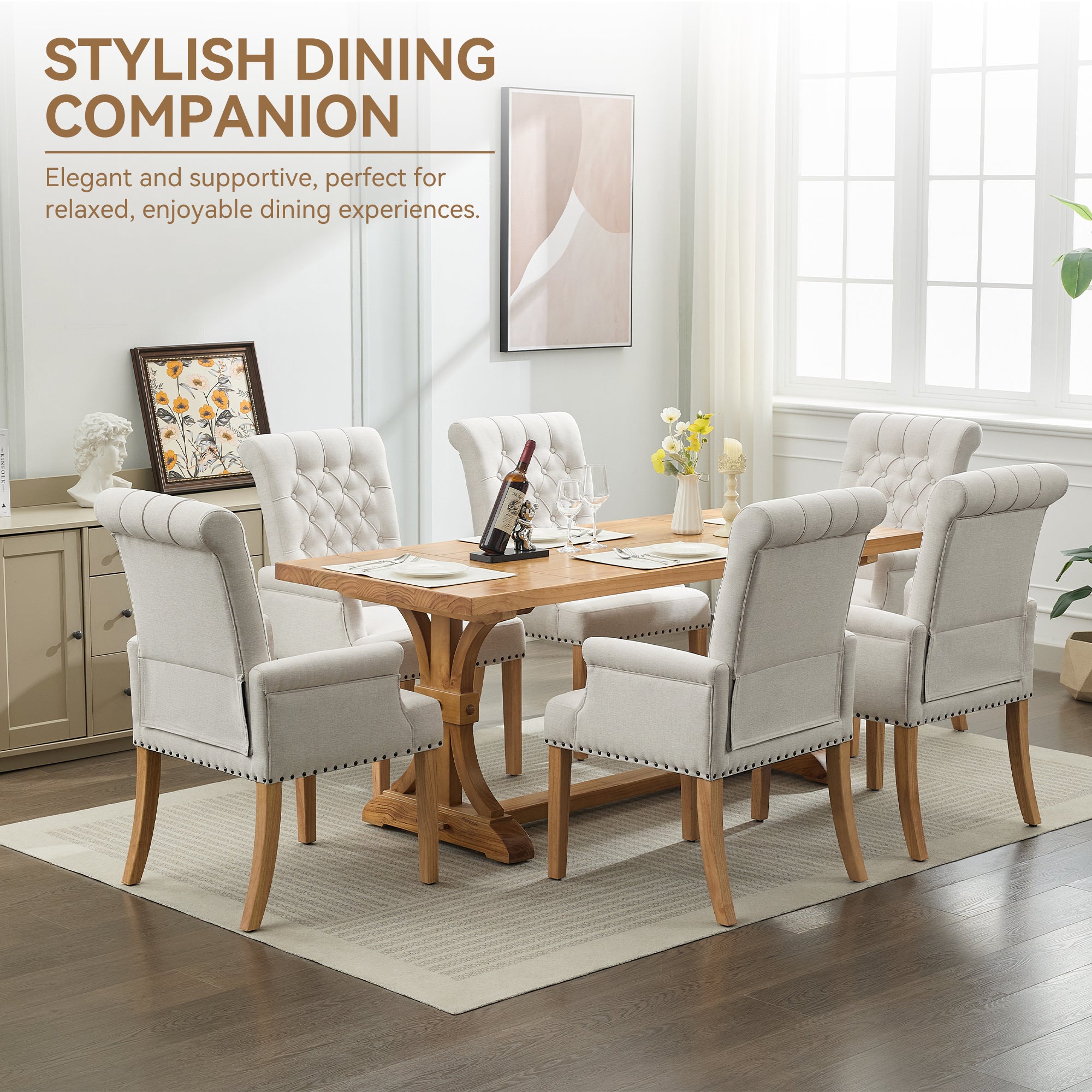 Fabric Dining Chair with Arms，Beige