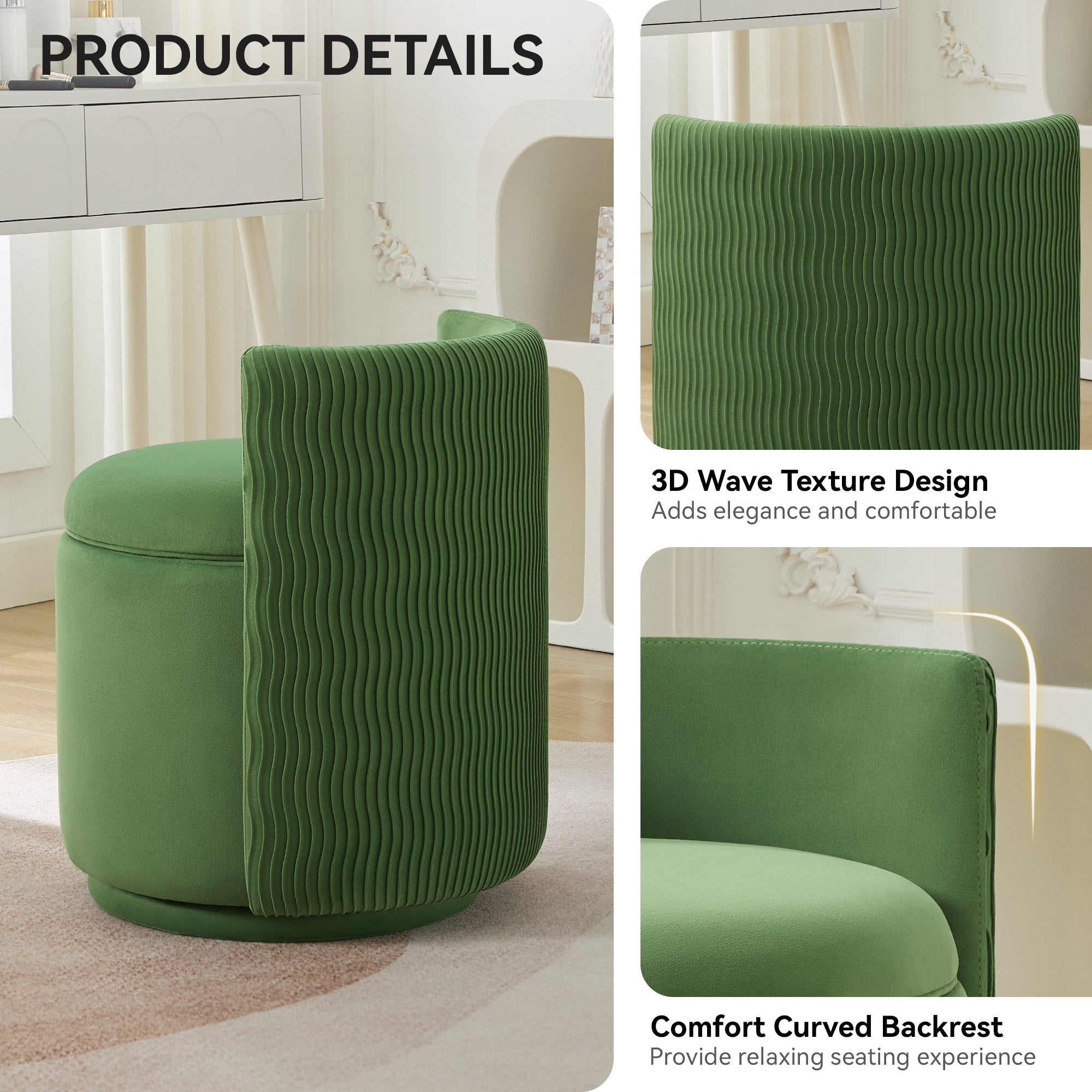 Vanity Chair with Storage，Velvet, Green