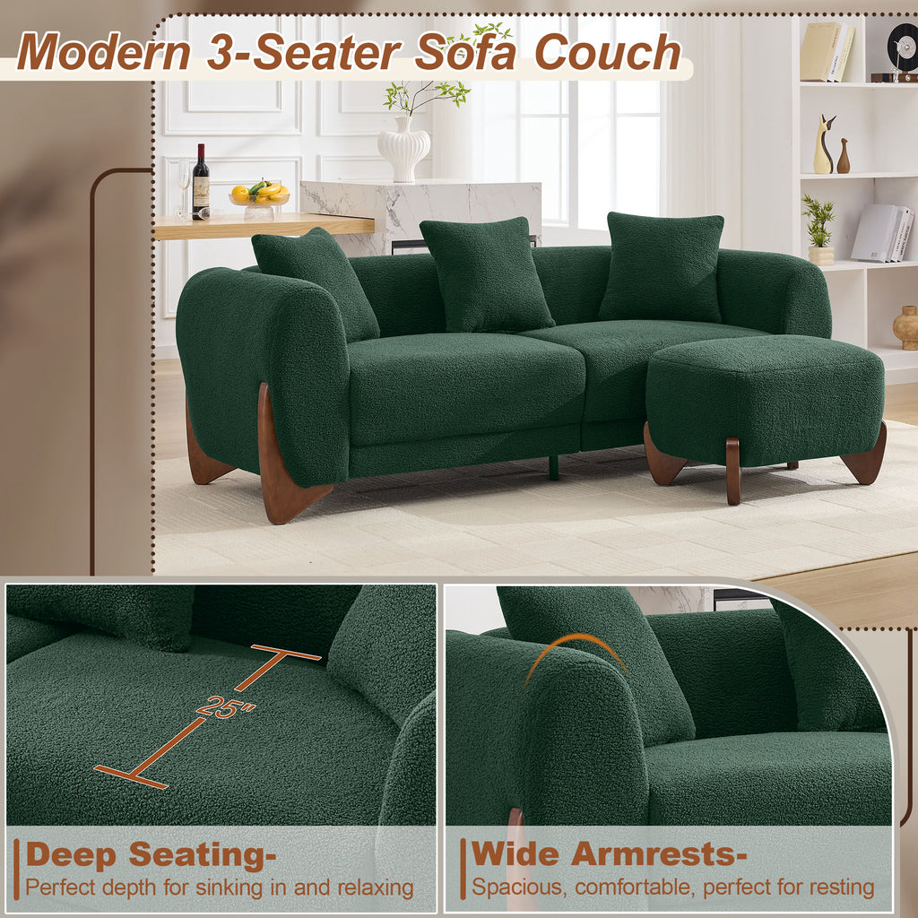 87" Sherpa Boucle Cloud Couch with Ottoman，Green