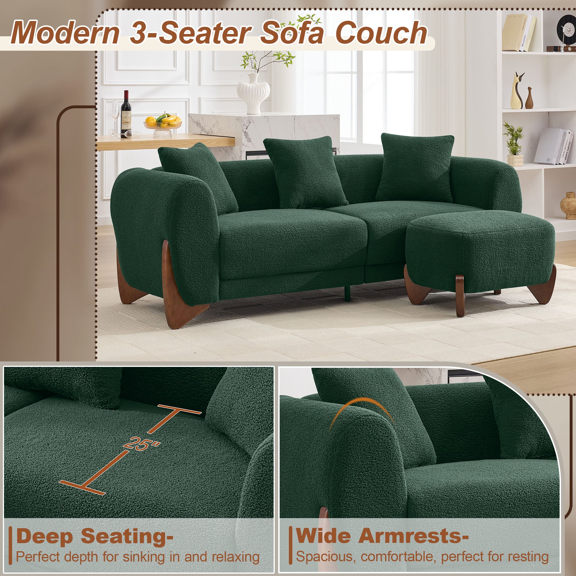 87" Sherpa Boucle Cloud Couch with Ottoman，Green