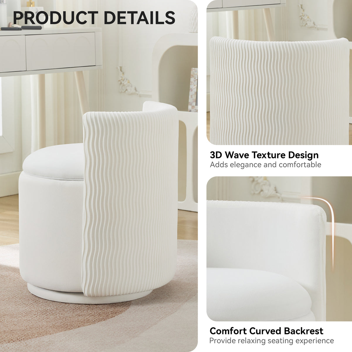 Velvet Swivel Accent Chair with Storage, 360° Vanity Makeup Chair with Wave Back, No Assembly Comfy Single Sofa Chair, Small Accent Stool for Bedroom, Dressing, Living Room