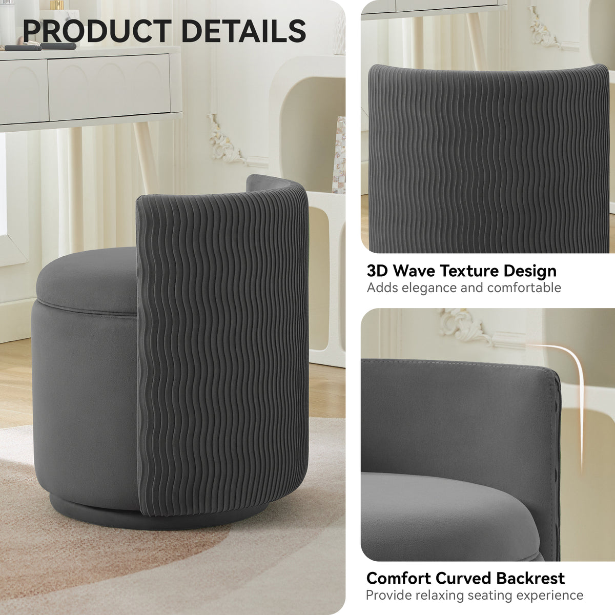 Velvet Swivel Accent Chair with Storage, 360° Vanity Makeup Chair with Wave Back, No Assembly Comfy Single Sofa Chair, Small Accent Stool for Bedroom, Dressing, Living Room