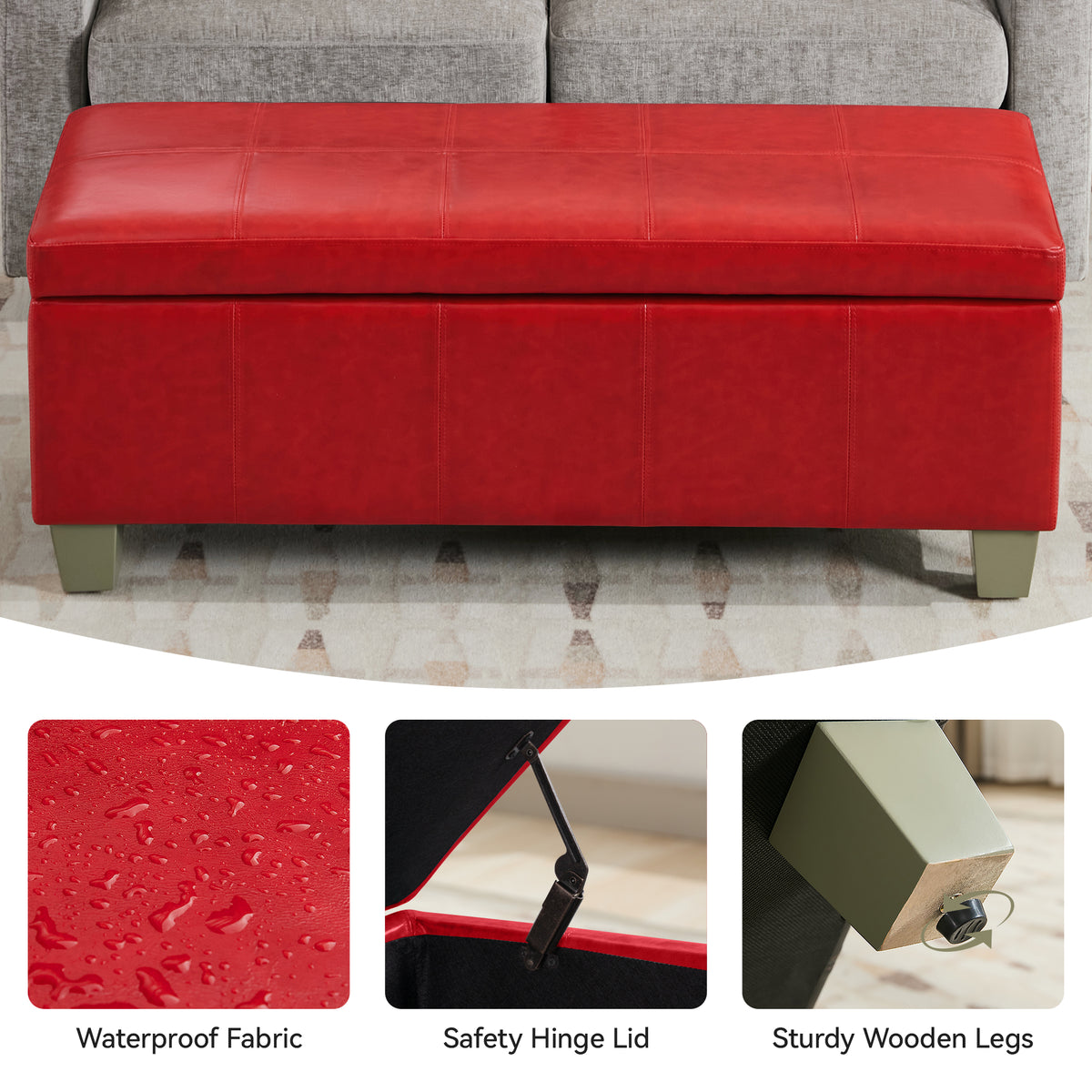 Faux Leather Storage Ottoman Bench, Rectangle Upholstered Storage Bench with Wooden Legs, Stitch Tufted Bench with Storage for Bedroom, Living Room, Entryway