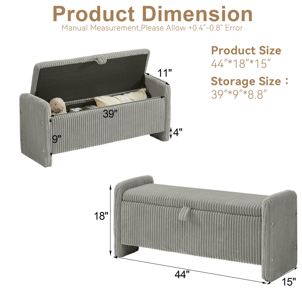 44'' Corduroy Storage Ottoman Bench, Gray