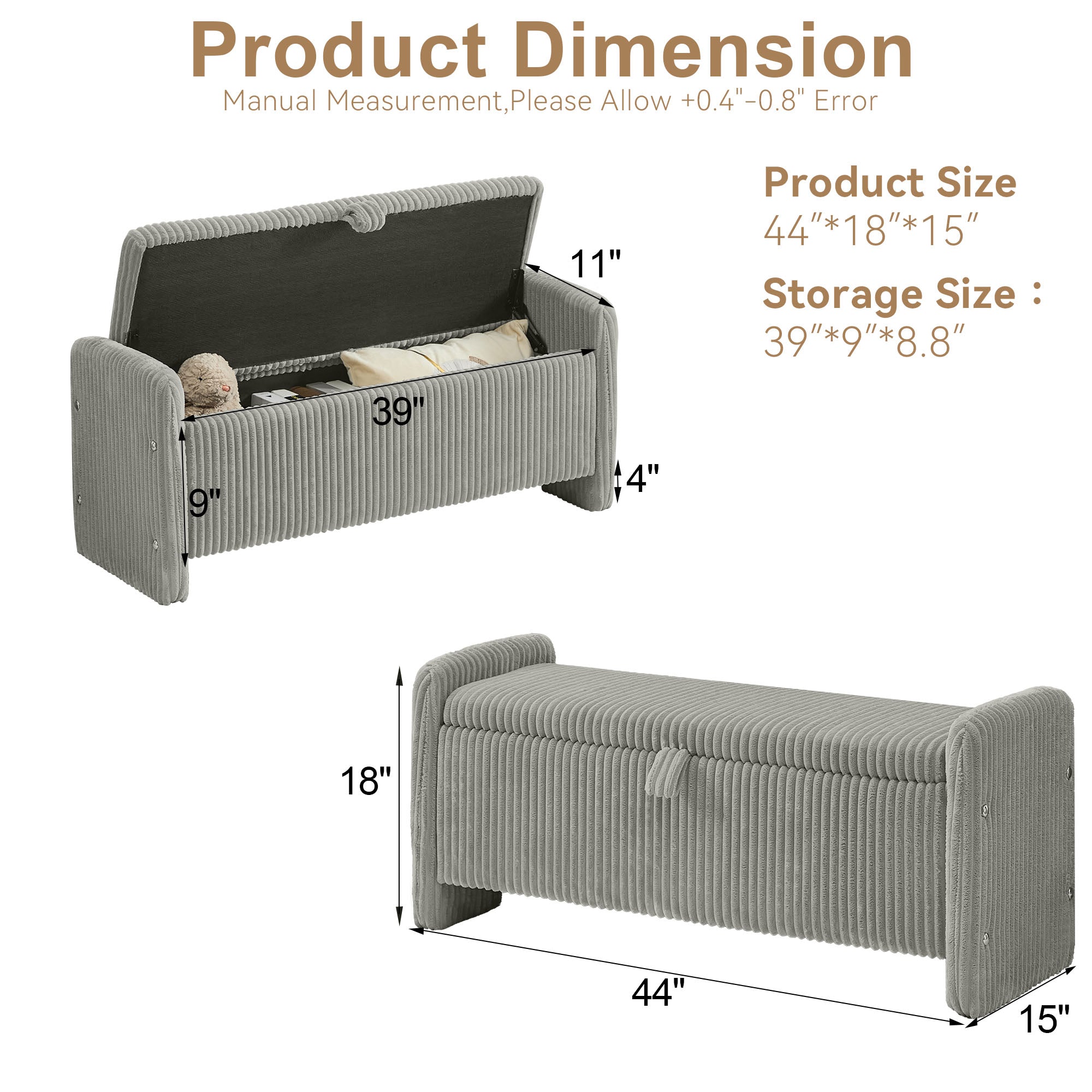 44'' Corduroy Storage Ottoman Bench, Gray