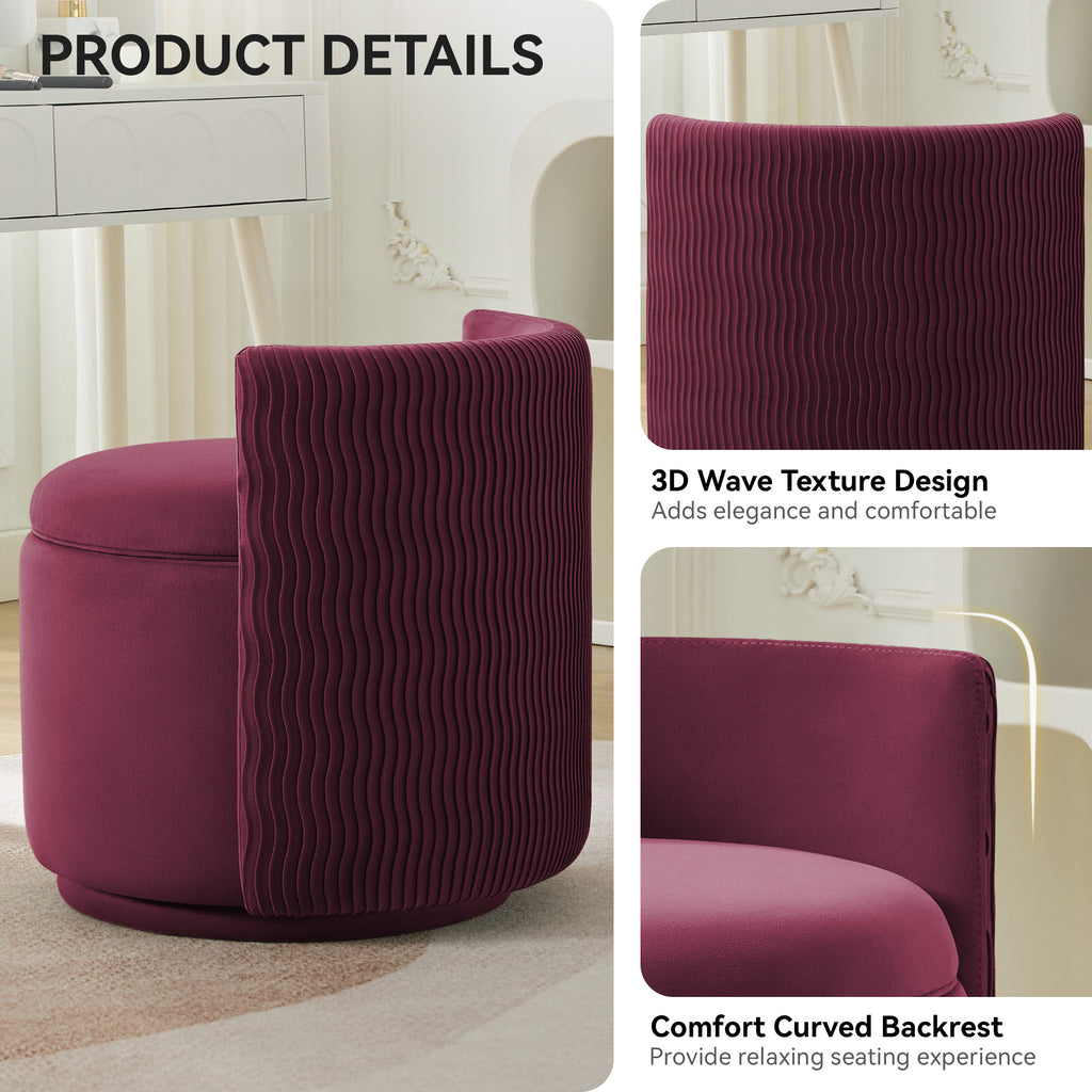 Velvet Swivel Accent Chair with Storage, 360° Vanity Makeup Chair with Wave Back, No Assembly Comfy Single Sofa Chair, Small Accent Stool for Bedroom, Dressing, Living Room