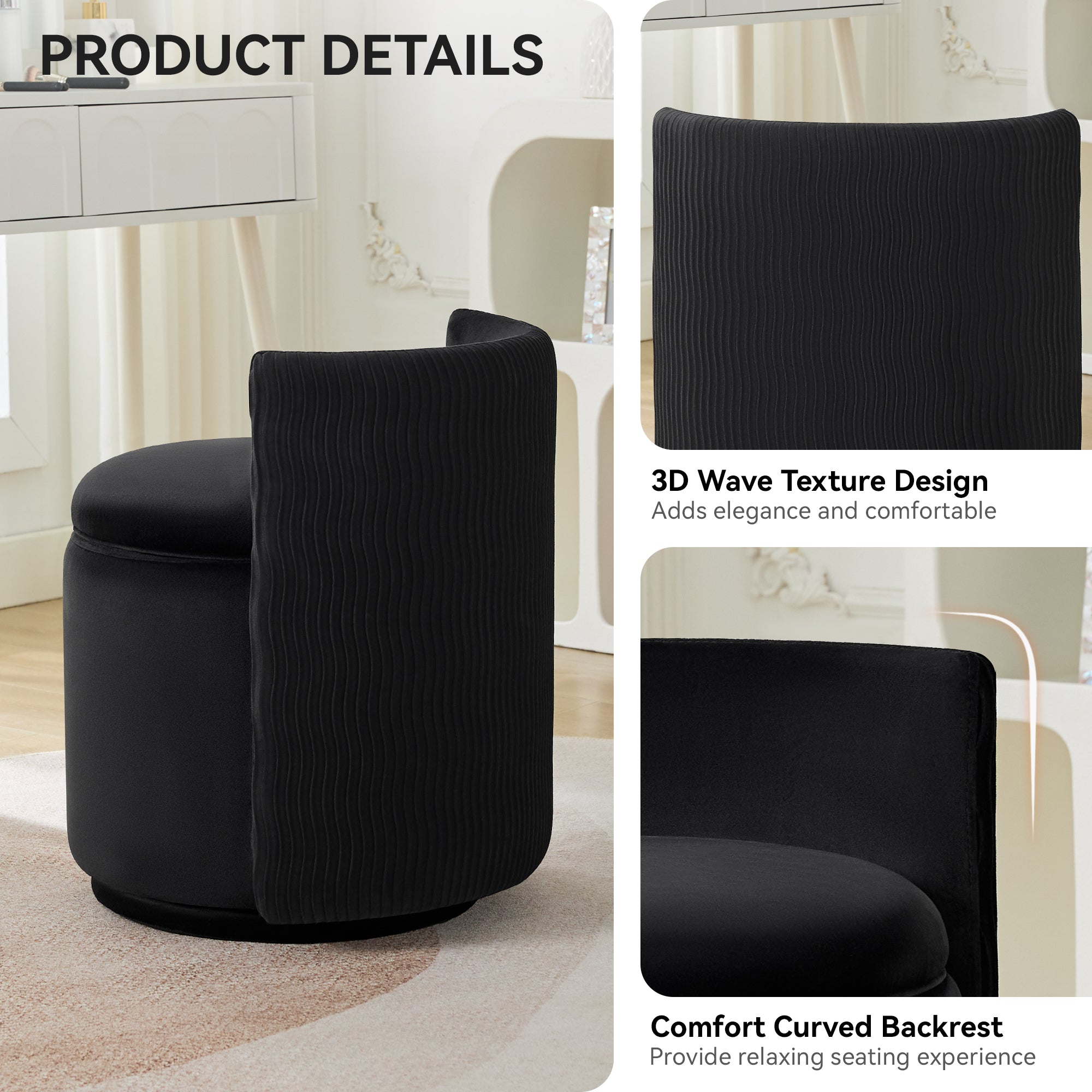 Vanity Chair with Storage，Velvet, Black