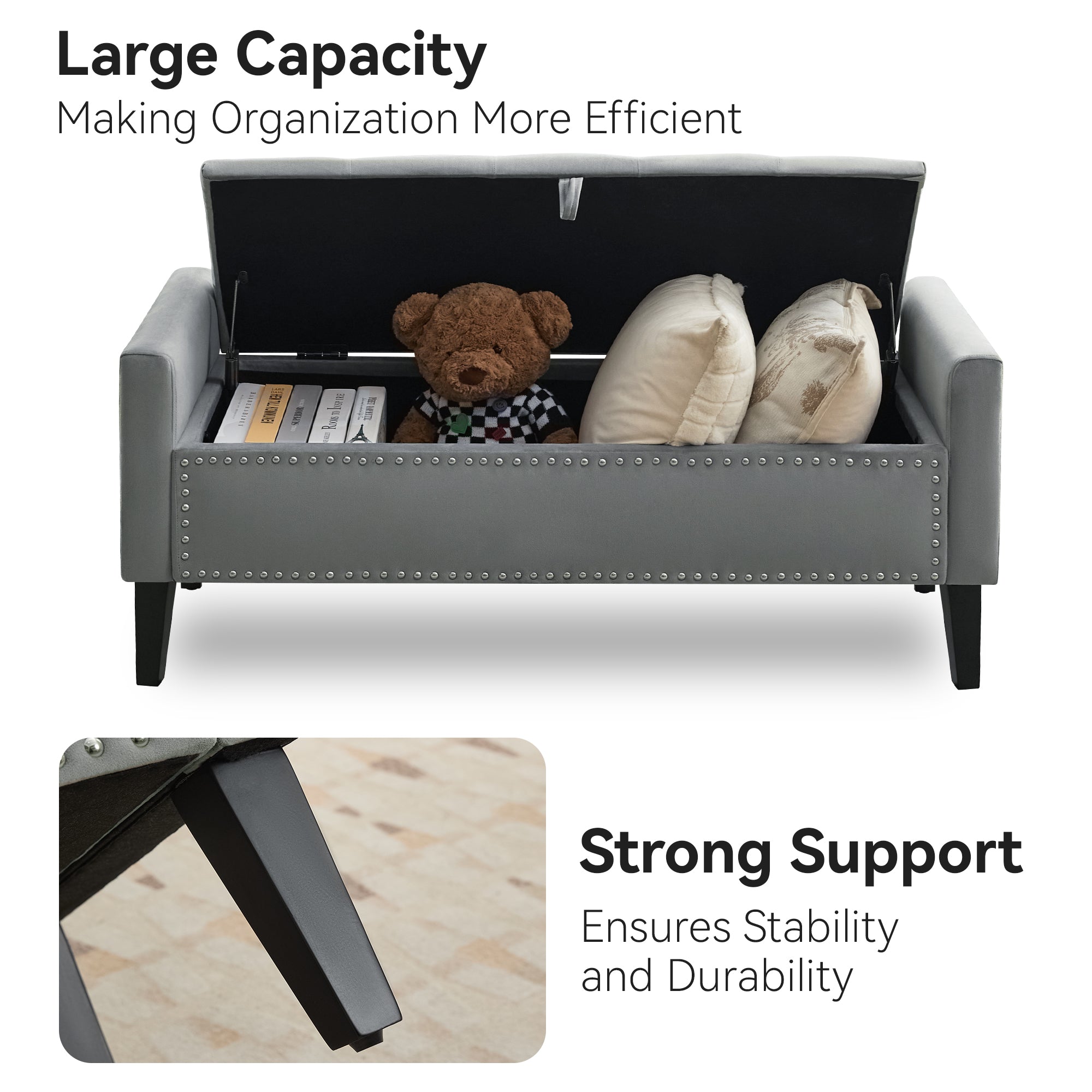 47" Velvet Storage Bench，Gray