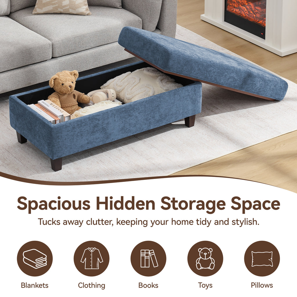 HASLE Storage Ottoman Bench with Wooden Tray, Upholstered Ottoman Coffee Table with Hidden Storage for Living Room Bedroom