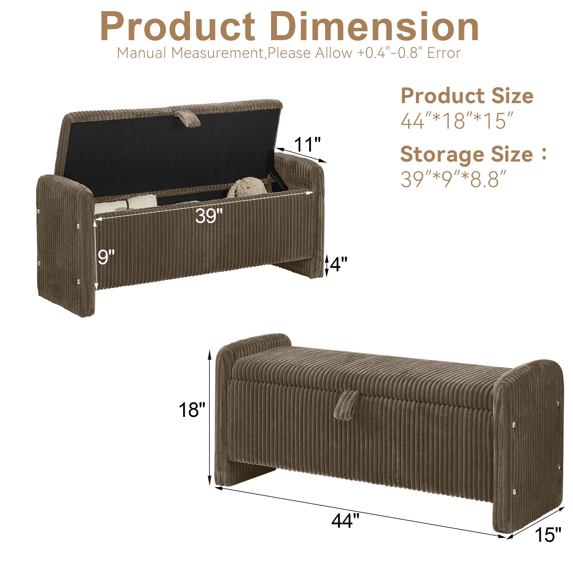 44'' Corduroy Storage Ottoman Bench, Brown