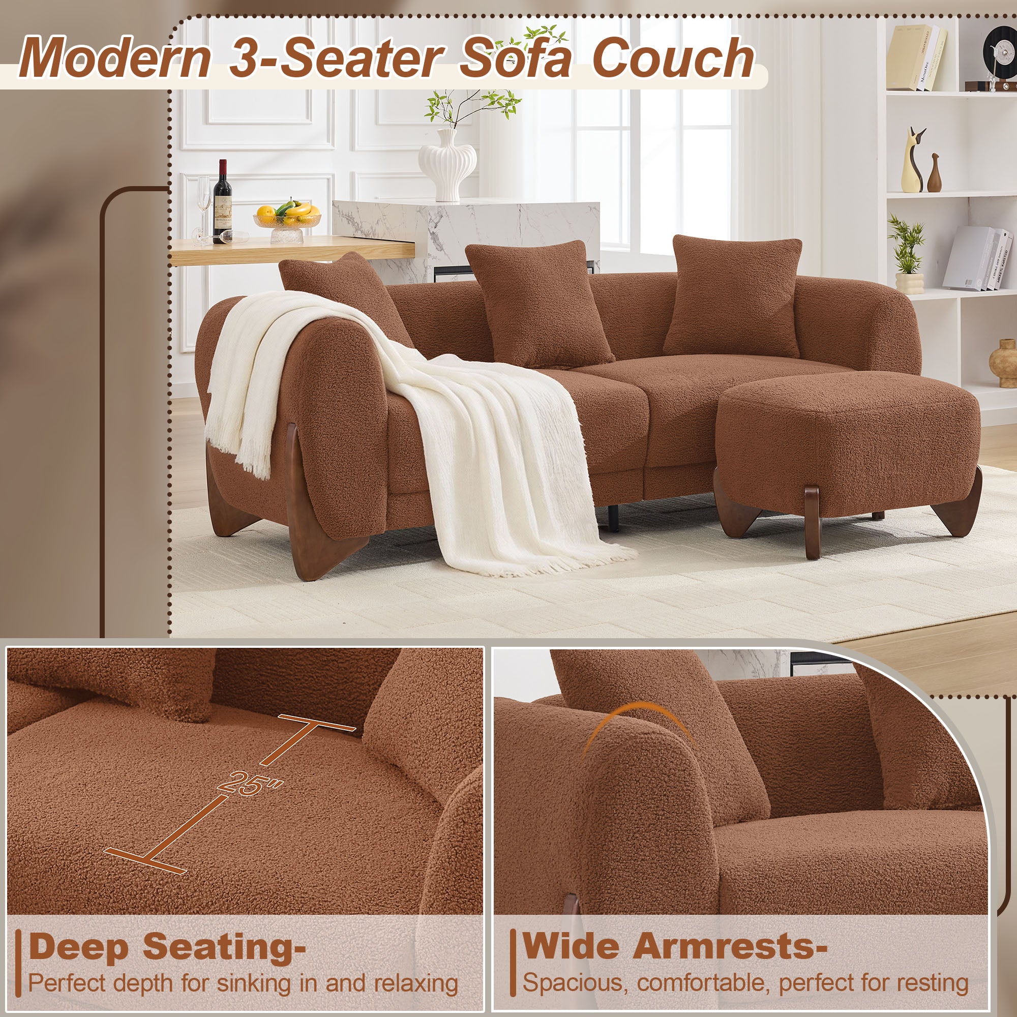 28.7" Sherpa Boucle Ottoman，Bright Brown