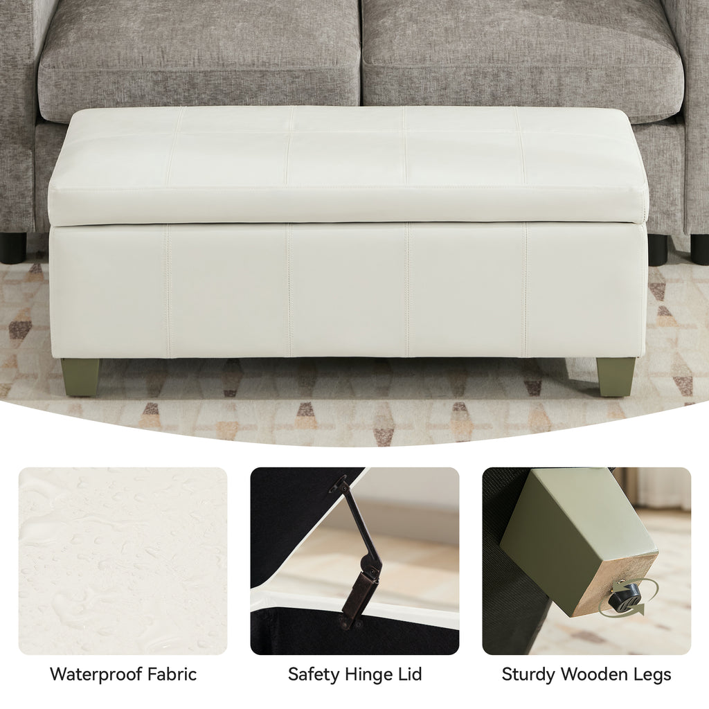 Faux Leather Storage Ottoman Bench, Rectangle Upholstered Storage Bench with Wooden Legs, Stitch Tufted Bench with Storage for Bedroom, Living Room, Entryway