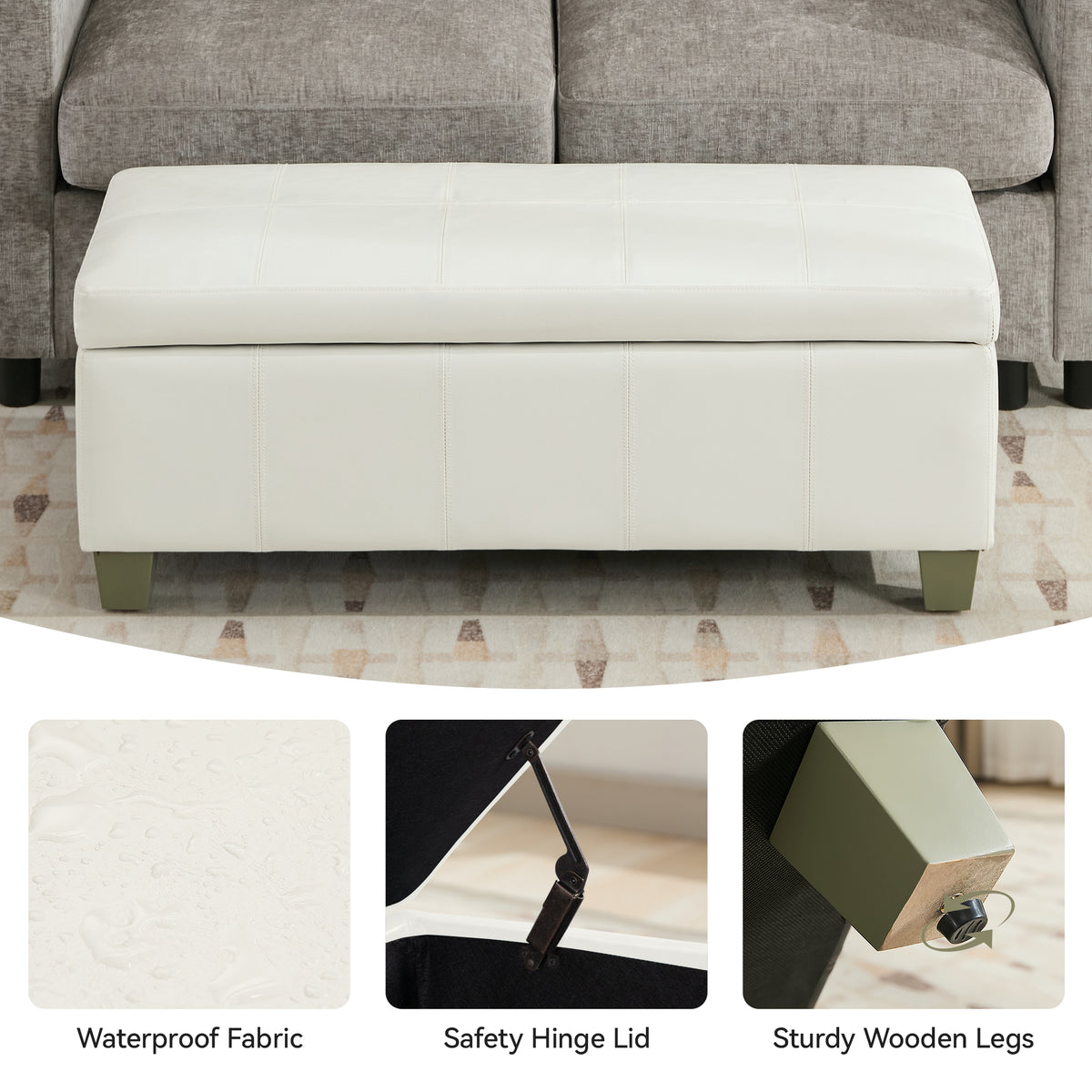 Faux Leather Storage Ottoman Bench, Rectangle Upholstered Storage Bench with Wooden Legs, Stitch Tufted Bench with Storage for Bedroom, Living Room, Entryway