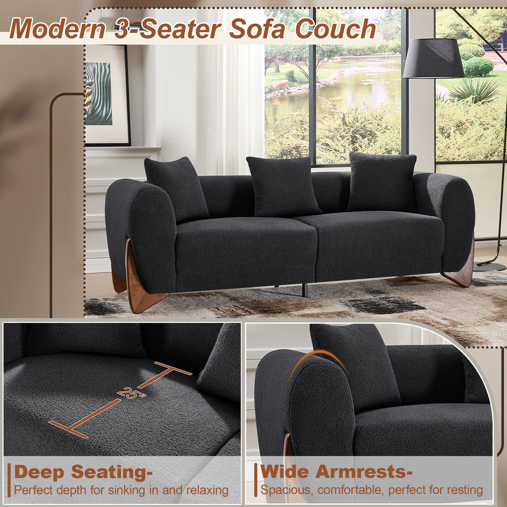 87" Boucle Couch with Solid Wood Legs,Black