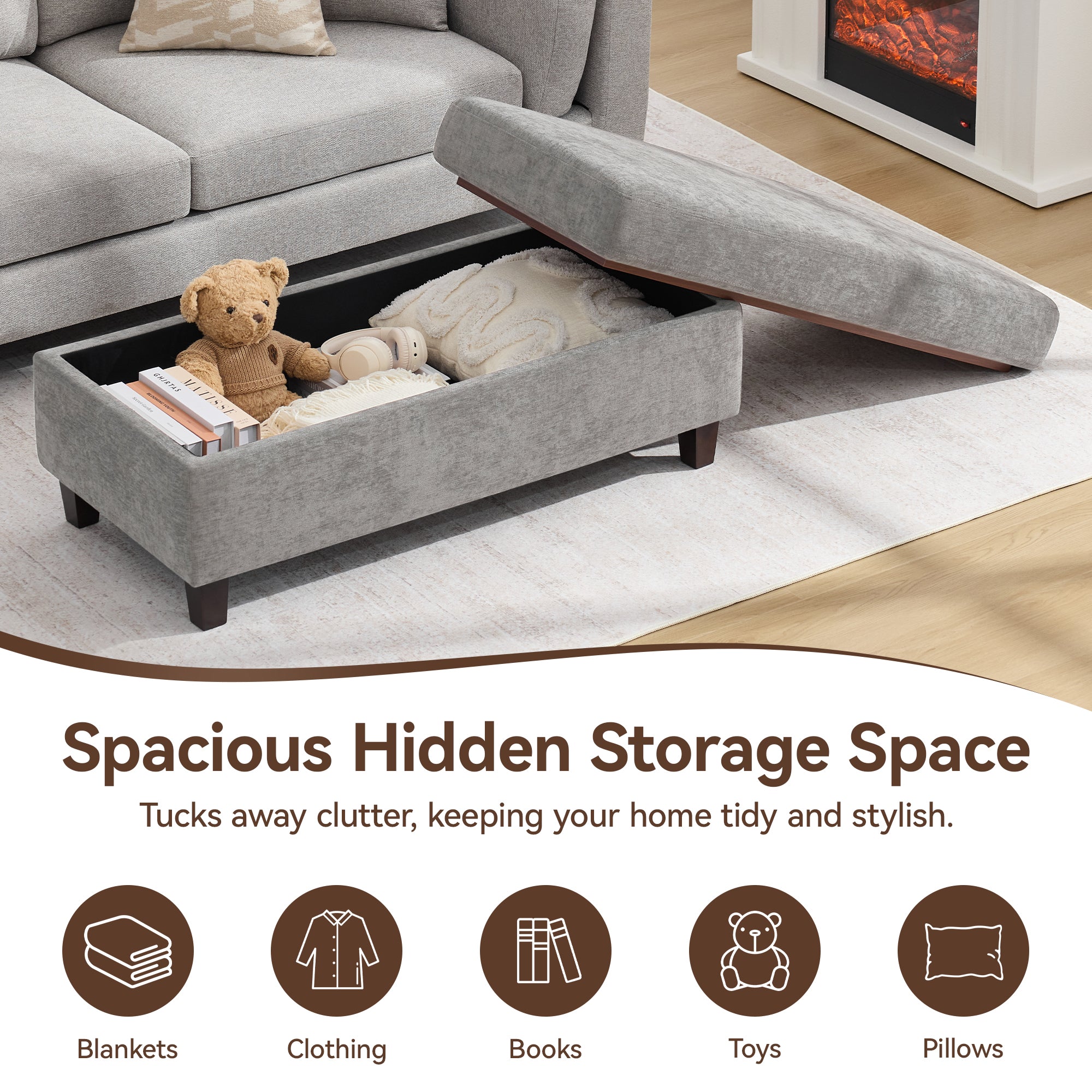 45 Inch Large Storage Ottoman Bench，Light Gray