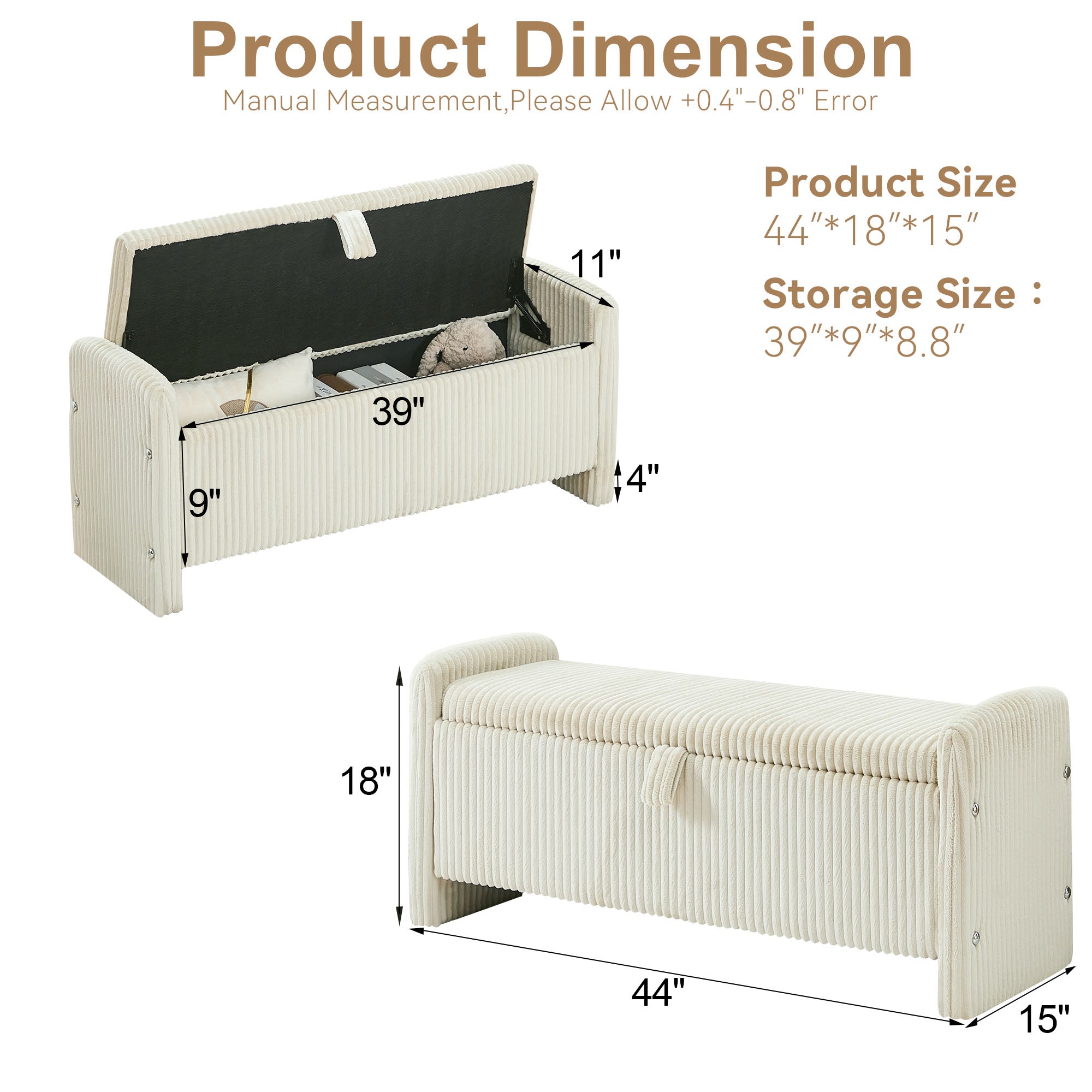 44'' Corduroy Storage Ottoman Bench, Beige
