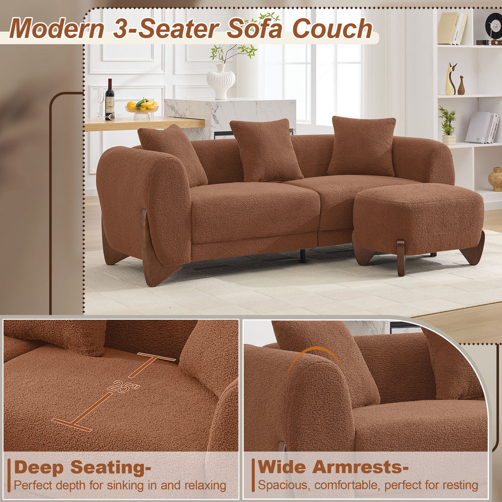 87" Sherpa Boucle Cloud Couch with Ottoman，Bright Brown
