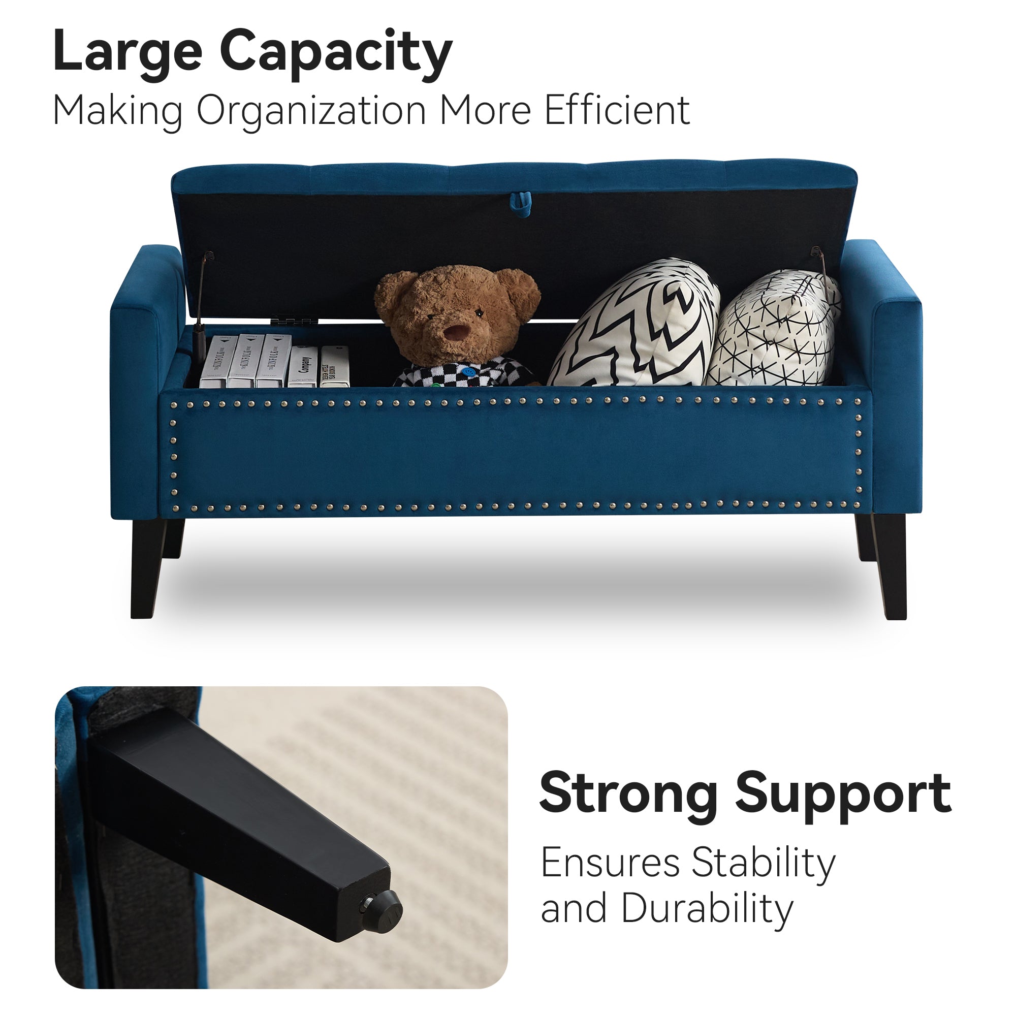 47" Velvet Storage Bench，Blue