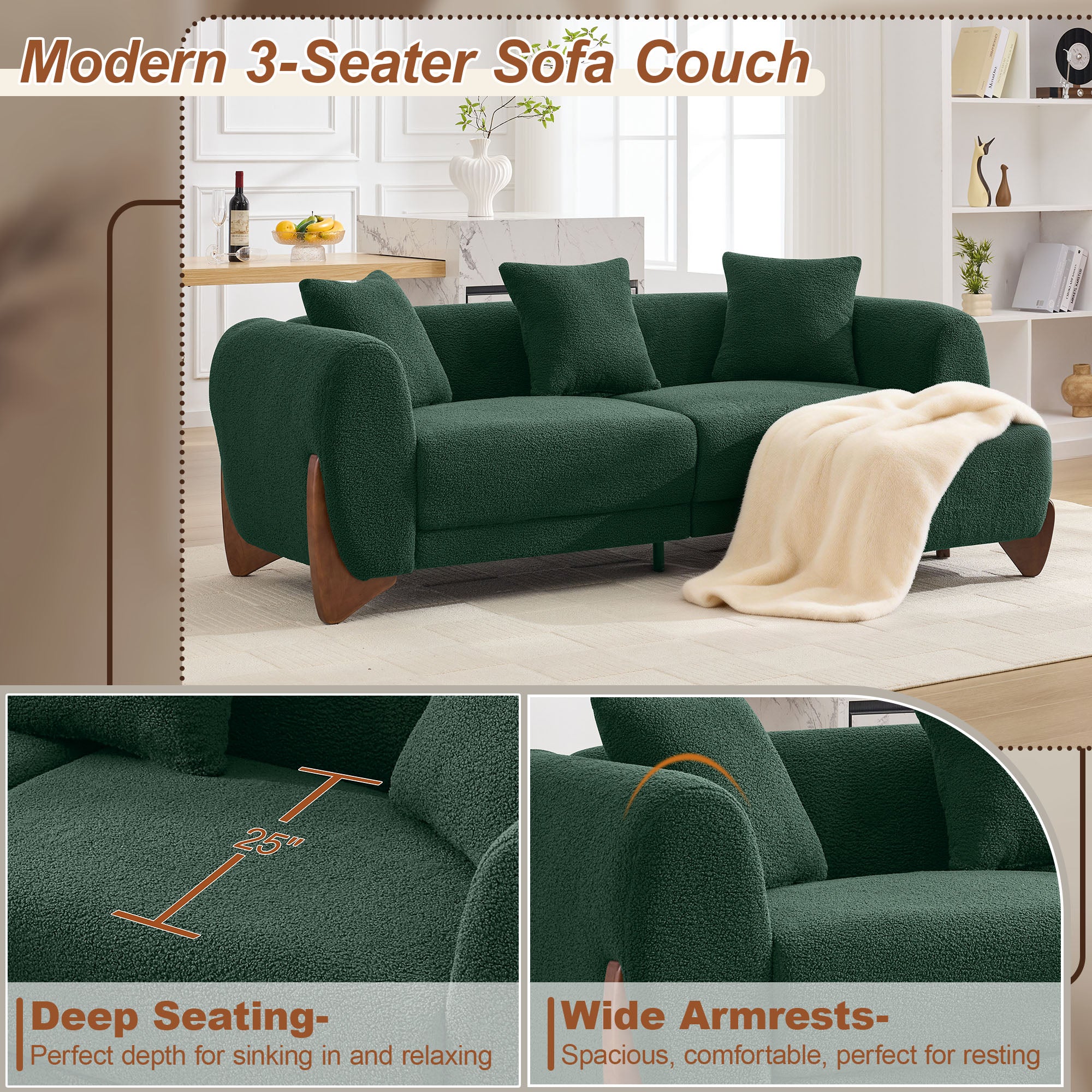 87" Sherpa Boucle Cloud Couch with Ottoman，Green