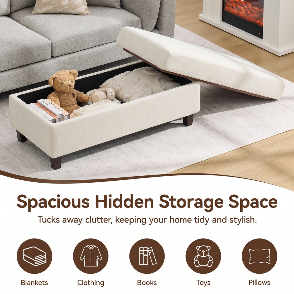 HASLE Storage Ottoman Bench with Wooden Tray, Upholstered Ottoman Coffee Table with Hidden Storage for Living Room Bedroom