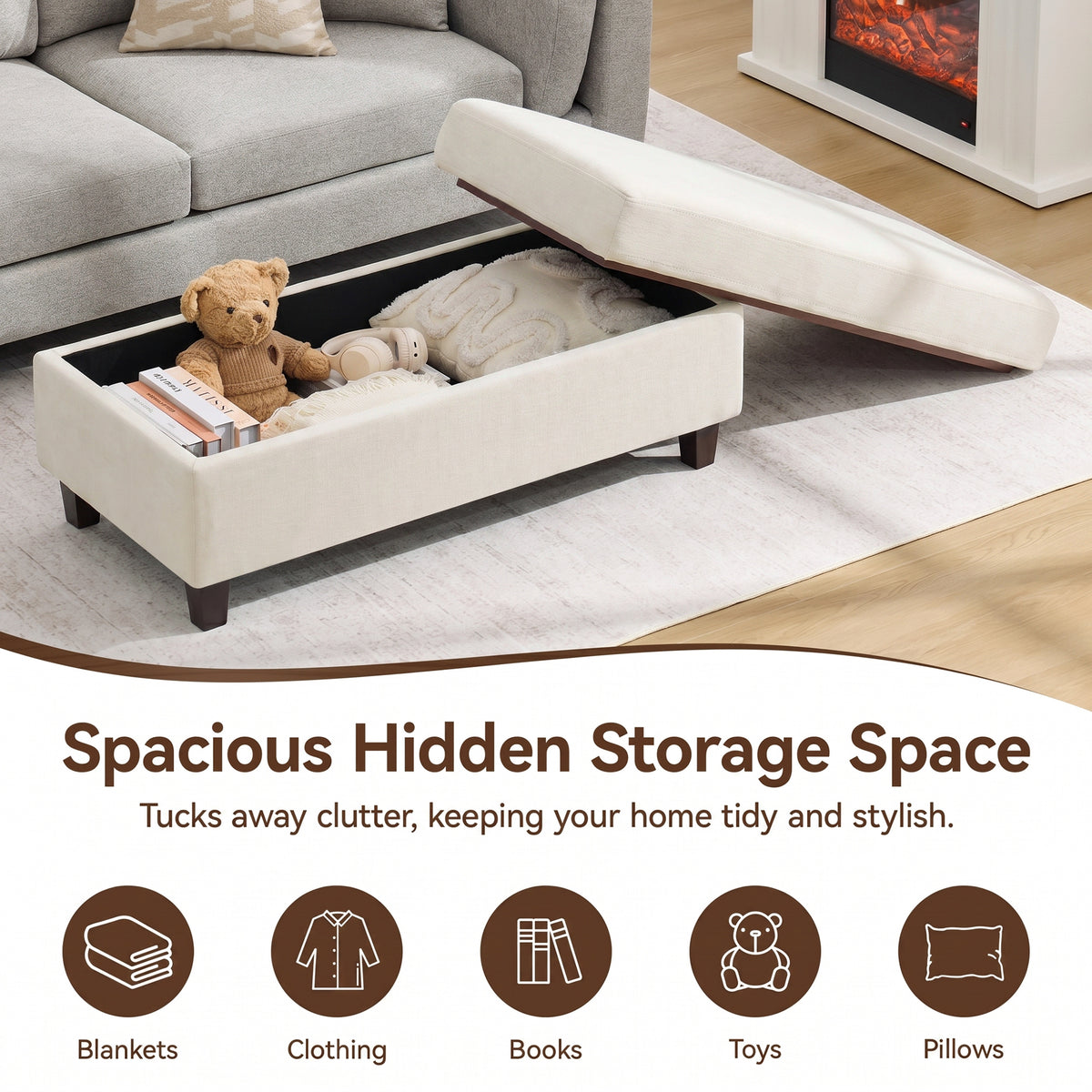 HASLE Storage Ottoman Bench with Wooden Tray, Upholstered Ottoman Coffee Table with Hidden Storage for Living Room Bedroom