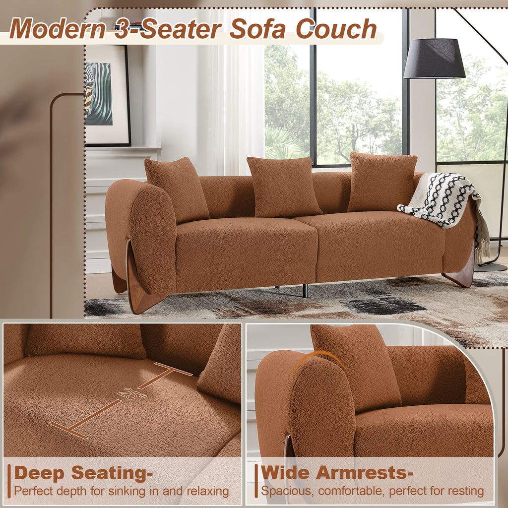 87" Boucle Couch with Solid Wood Legs,Camel