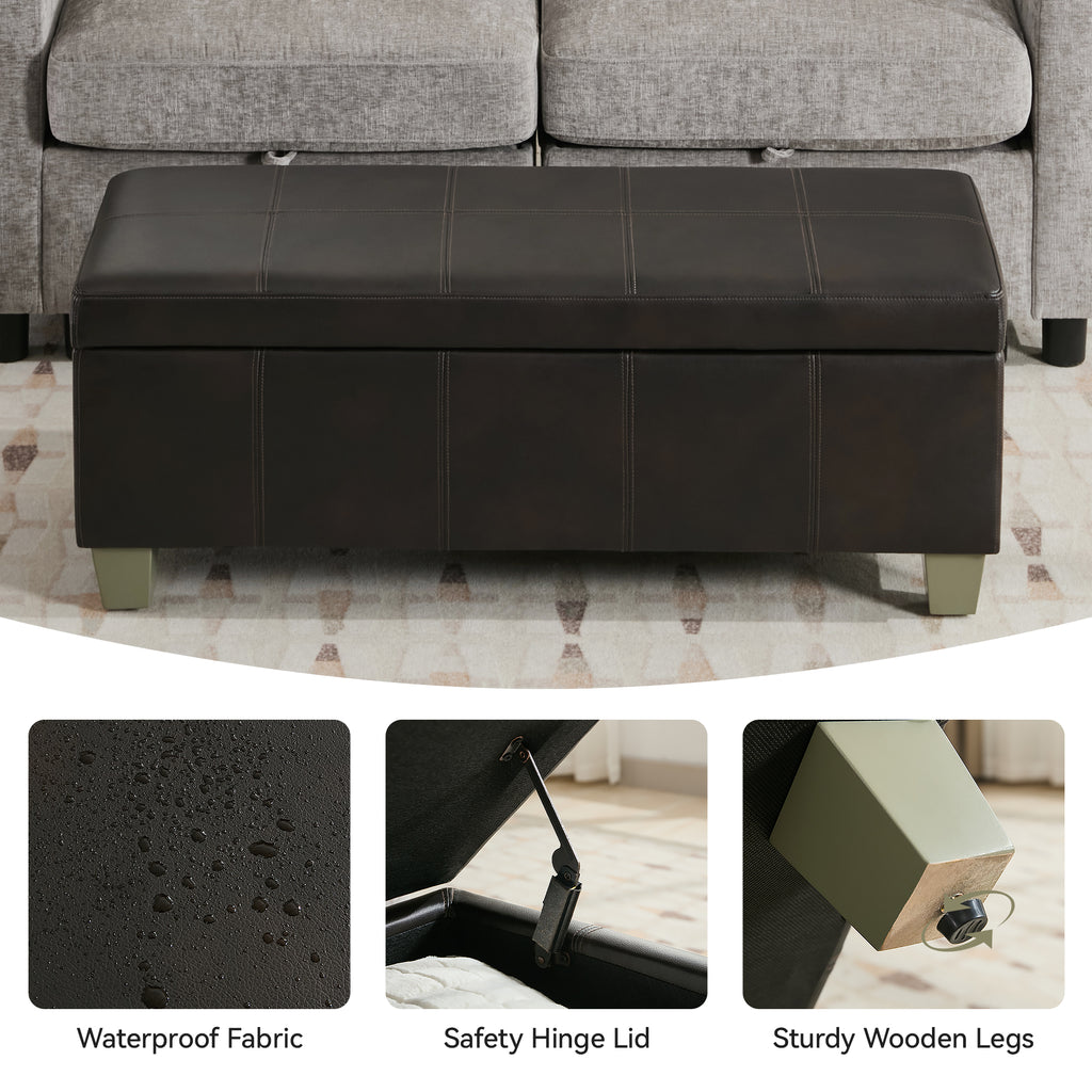Faux Leather Storage Ottoman Bench, Rectangle Upholstered Storage Bench with Wooden Legs, Stitch Tufted Bench with Storage for Bedroom, Living Room, Entryway