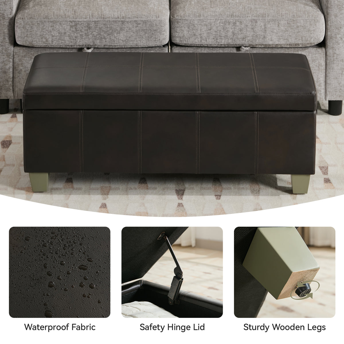 Faux Leather Storage Ottoman Bench, Rectangle Upholstered Storage Bench with Wooden Legs, Stitch Tufted Bench with Storage for Bedroom, Living Room, Entryway