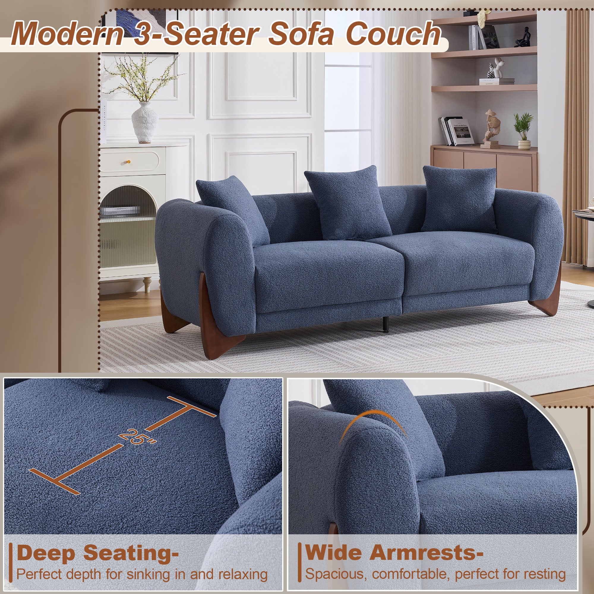 87" Boucle Couch with Solid Wood Legs,Blue