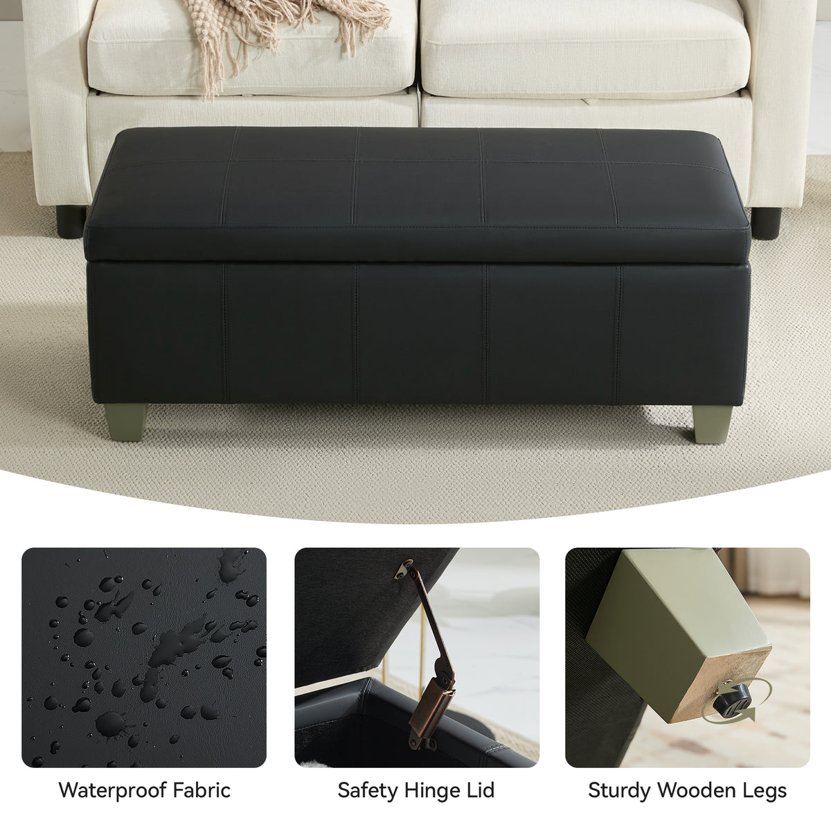 Faux Leather Storage Ottoman Bench, Rectangle Upholstered Storage Bench with Wooden Legs, Stitch Tufted Bench with Storage for Bedroom, Living Room, Entryway