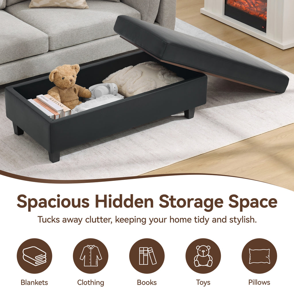 HASLE Storage Ottoman Bench with Wooden Tray, Upholstered Ottoman Coffee Table with Hidden Storage for Living Room Bedroom
