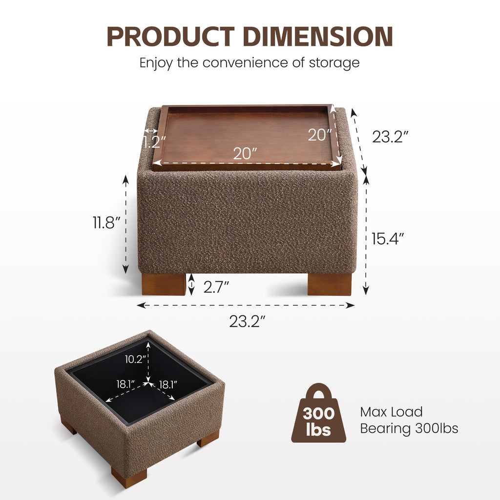 24" Square Storage Ottoman，Brown