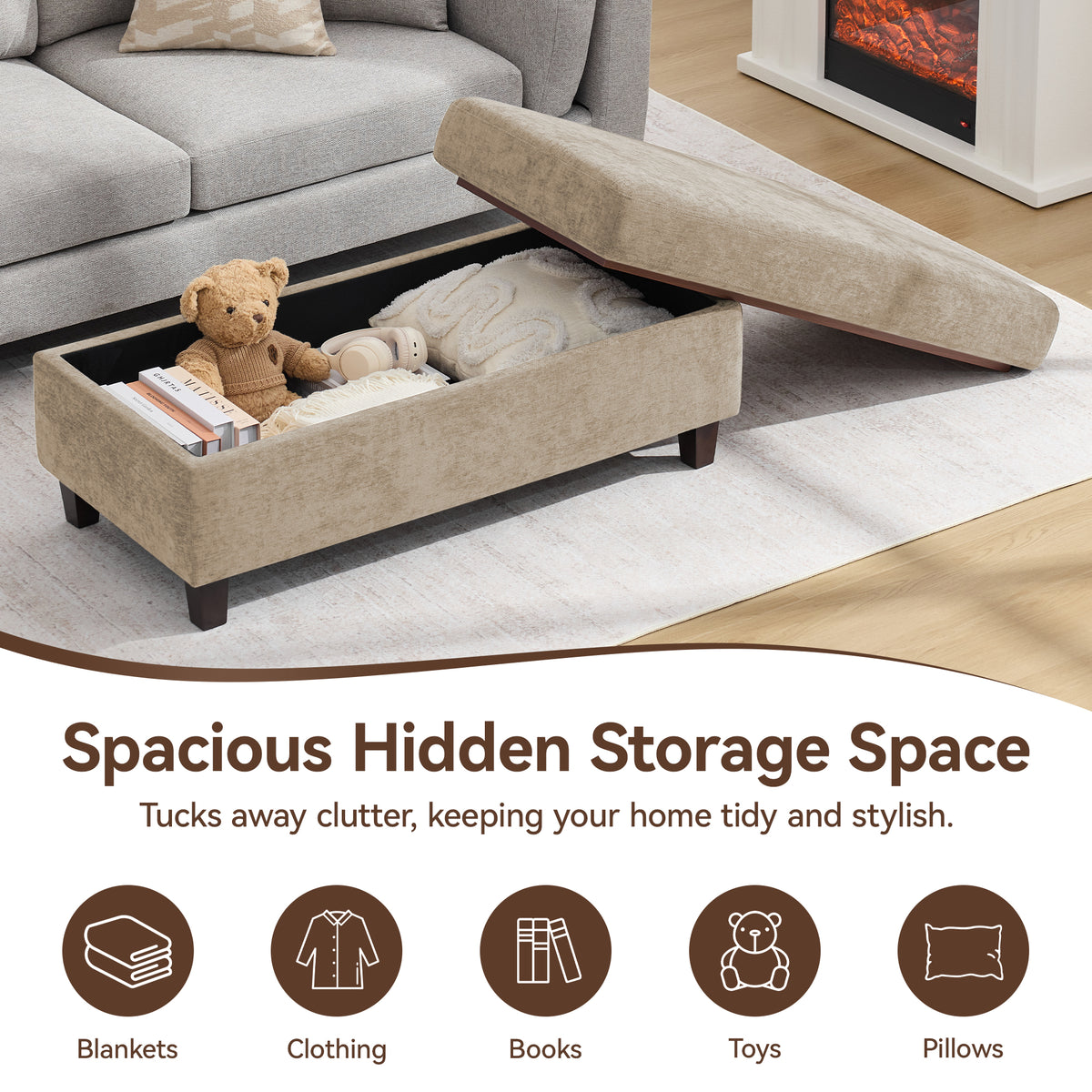 HASLE Storage Ottoman Bench with Wooden Tray, Upholstered Ottoman Coffee Table with Hidden Storage for Living Room Bedroom